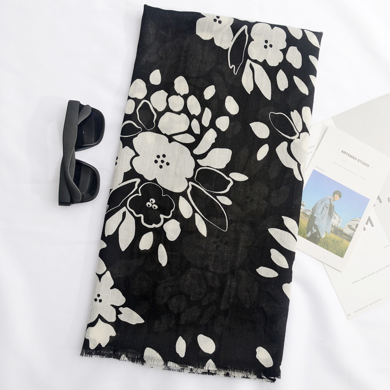 Zwart-wit gedrukt dunne zijden sjaal sjaal lente en zomer reizen strand sjaal zonnebrandcrème Sjaal Sjaal
