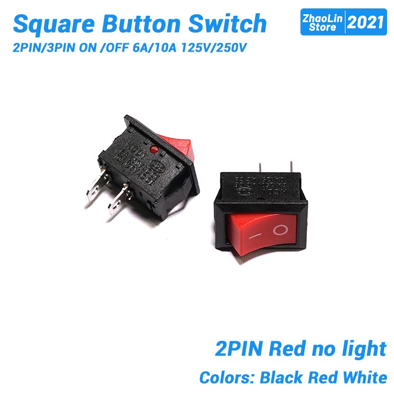 Square Button Switch For Boat Car Rocker Switch 2PIN/3PIN ON /OFF 6A/10A 125V/250V Black Red and White: 2PIN Red / 5PCS