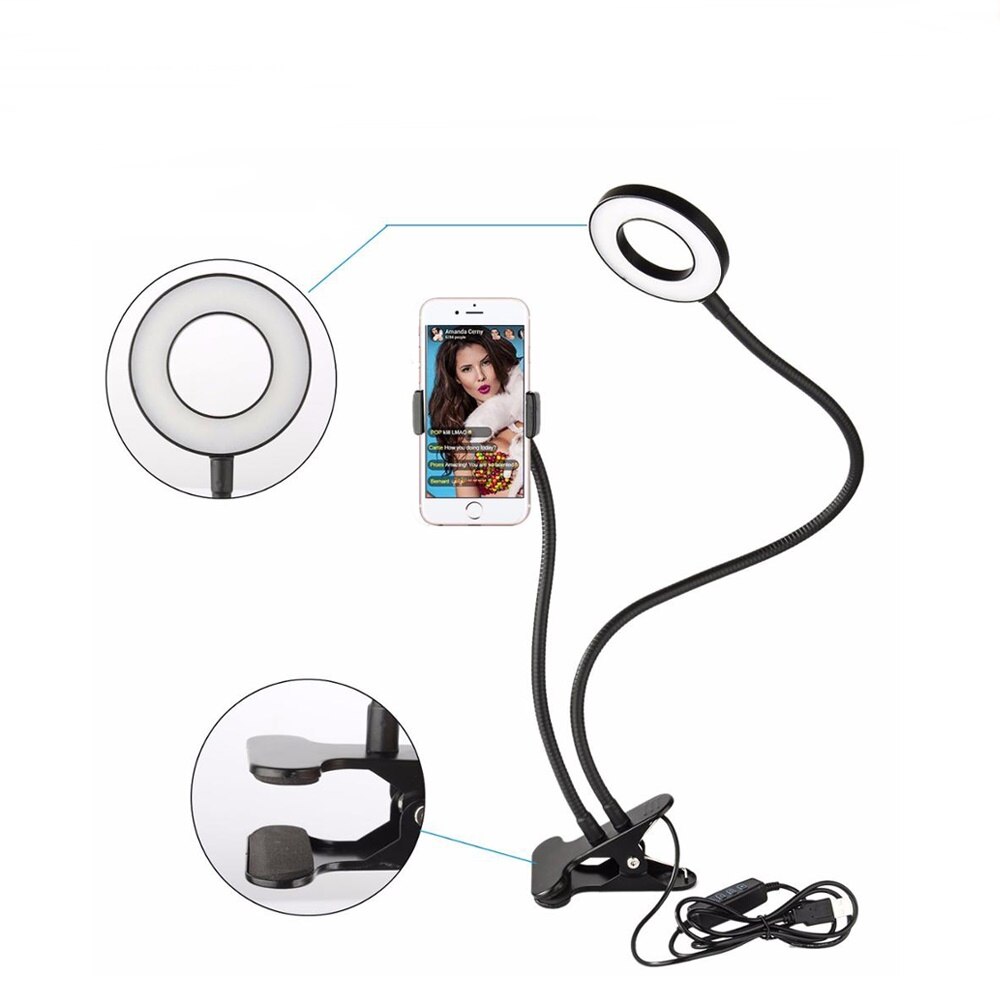 Universal Selfie Led Ring Fill Light Photography Dimmable Lamp With Desk Phone Stand For Makeup Video Live Aro De Movil Luz Para: Black