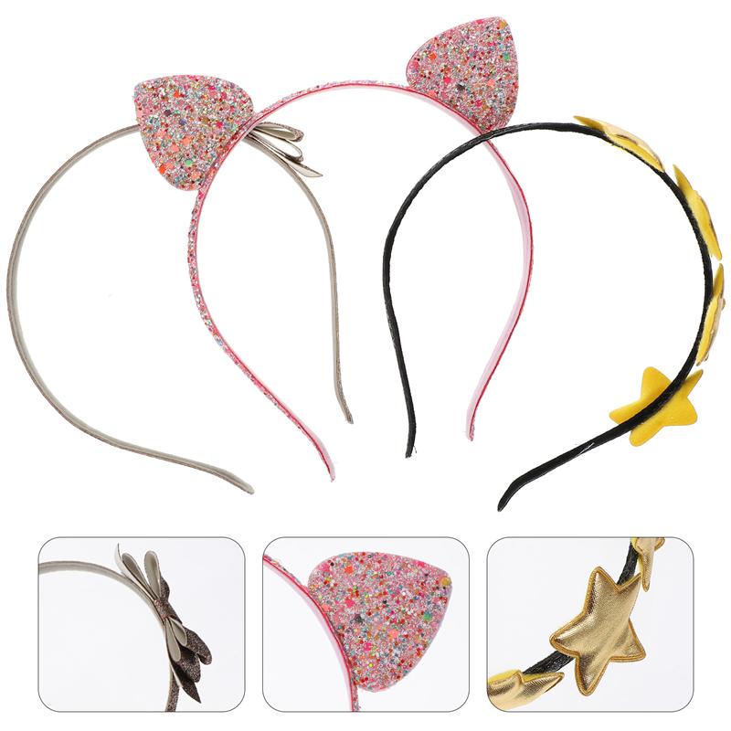 3 uds Oreja de Gato estrella encantadora brillante diadema tocado purpurina, cabello aros sombreros niños diademas