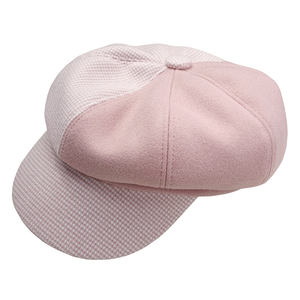 Gorro octogonal de tela de lana de casqueta de tela escocesa de retales boina con estilo coreano: pink