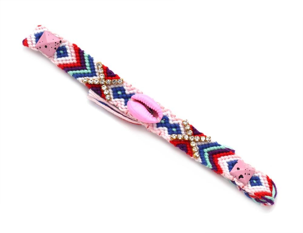 Bohemian Roze Geschilderd Porceleinslak Seashell Geweven Vriendschap Armband Vrouwen Mannen Boho Handnade Sparkling Crystal X Slide Knoop Sieraden