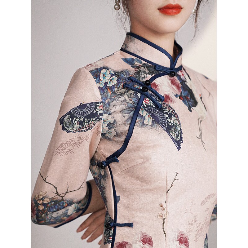 Pink Cheongsam Vintage Chinese Style Dress Women Clothing Long Dress Floral Qipao S to XXL