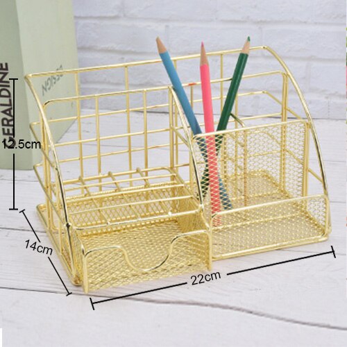 Rose Gold Desktop Storage Box Desk Magazine Rack with Pen Holder, Handmade Metal File Office Organizer Paper Tray Drawer Stor: B luxury gold