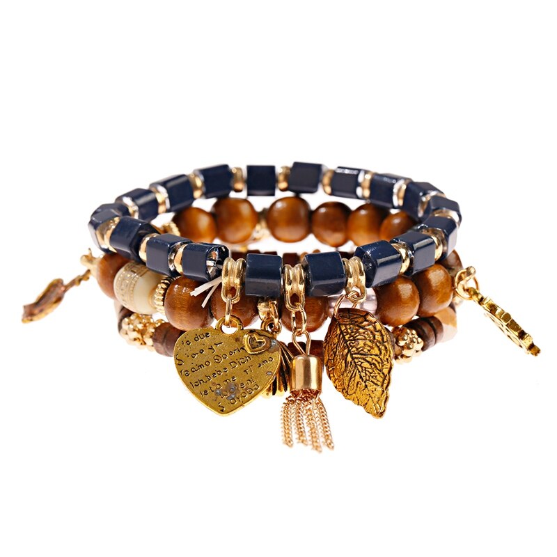 3 Teile/los Ethnische frauen Armbänder Set Pour Les Femmes Böhmen Charme Naturstein & Holz Perlen Herz Legierung Pendents armbänder