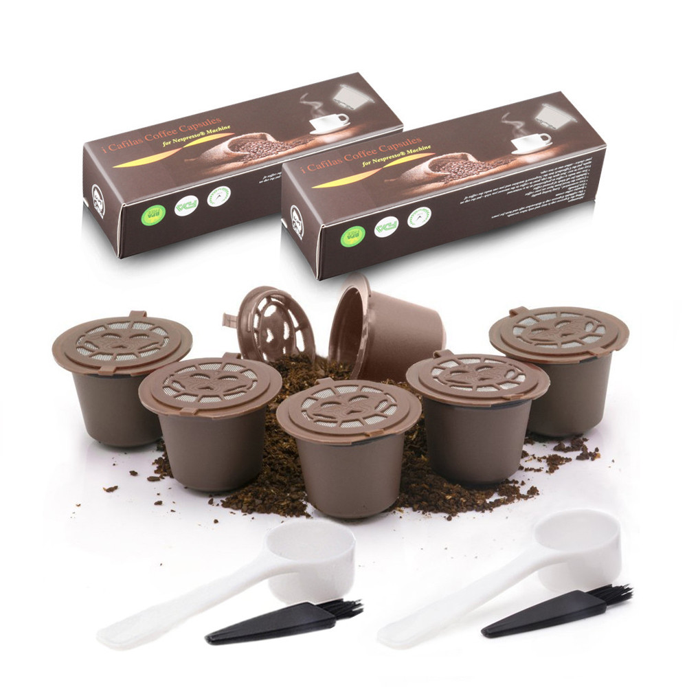 Reusable Refillable Coffee Capsule Plastic Coffee Filters Pod For Nespresso Refill Coffee Capsule Filters With Spoon Brush: 6pcs Brown