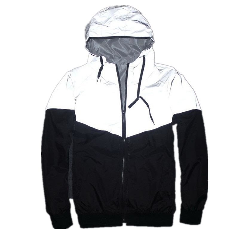full reflective jacket male / female luminous charge windproof windbreaker jacket hooded hip hop street night bright coat