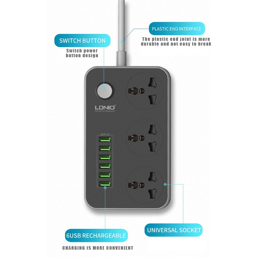 6 USB Universal Power Strip Desktop Extension Cord Socket For Home Office Phone 3-Pin US Plug