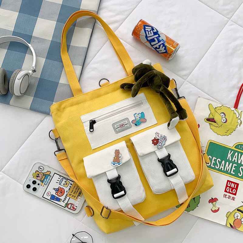 Student Backpack Book Bag Large-capacity Canvas School Class Female Bag Girls Canvas Shoulder Messenger Crossbody Bag: yellow with frog
