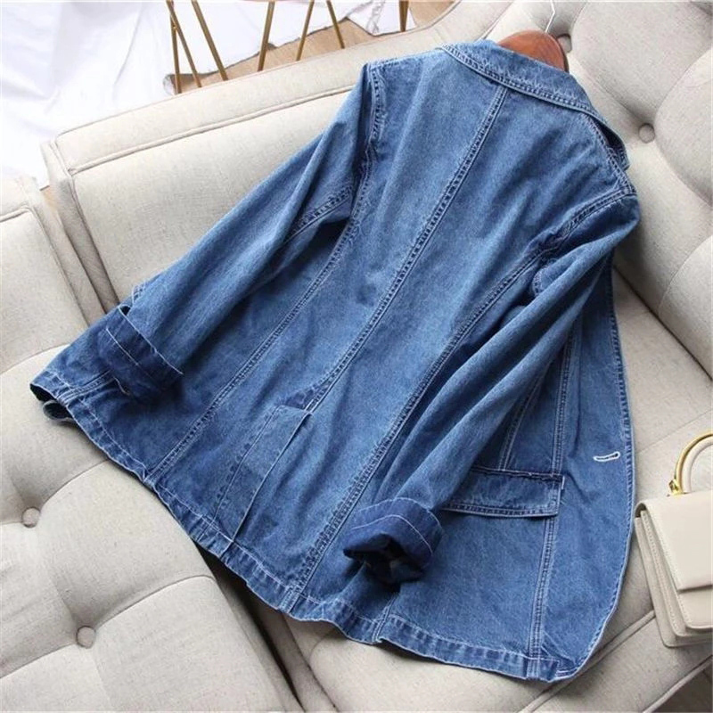 Dames Denim Blazer - Casual Jasje - Effen Patroon - Slim Fit - Polyester Katoen Mix