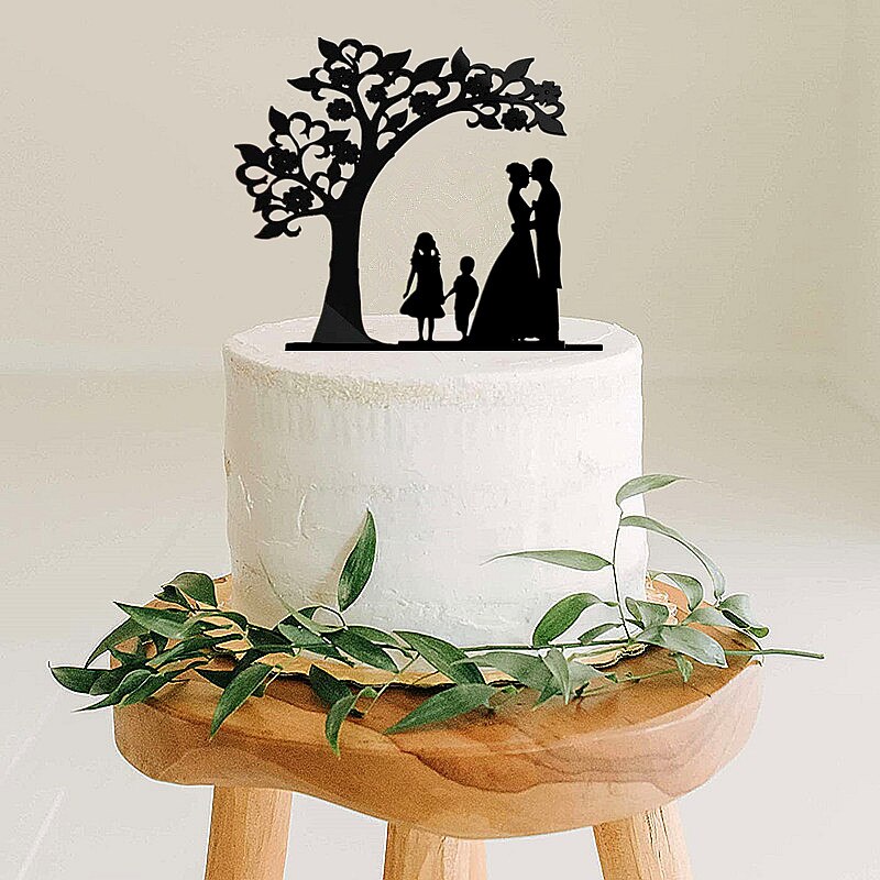 Coppia di topper torta anniverario matrimonio stile albero con 2 bambini sposa e sposo con animale domestico cane gatto ragazzi ragazze famiglia torta topper: L / Luce Verde