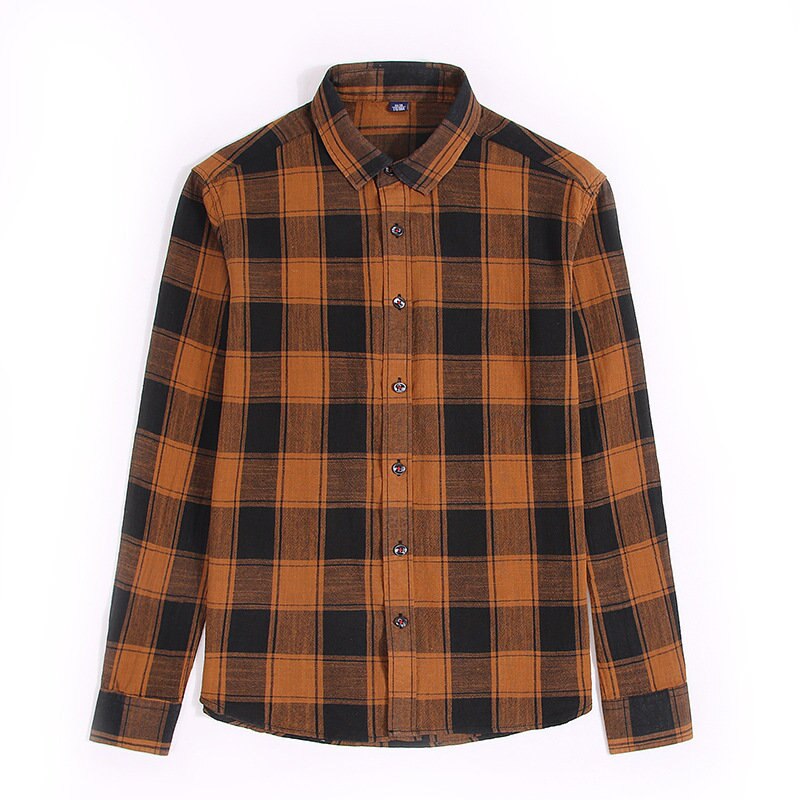 U&SHARK Men Vintage Plaid Shirt Long Sleeve Flannel Black Checkered Casual Shirts Chemise Homme Male Cotton Brown: Brown / 43 185CM 85KG