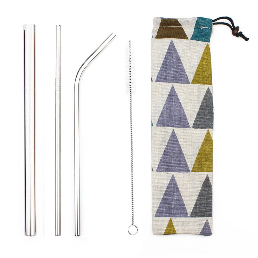 5pcs Herbruikbare Metalen Rietjes 304 Rvs Zilver Stro Set Dikke met Kleurrijke Tas Pouch Clean Brush Party bruiloft