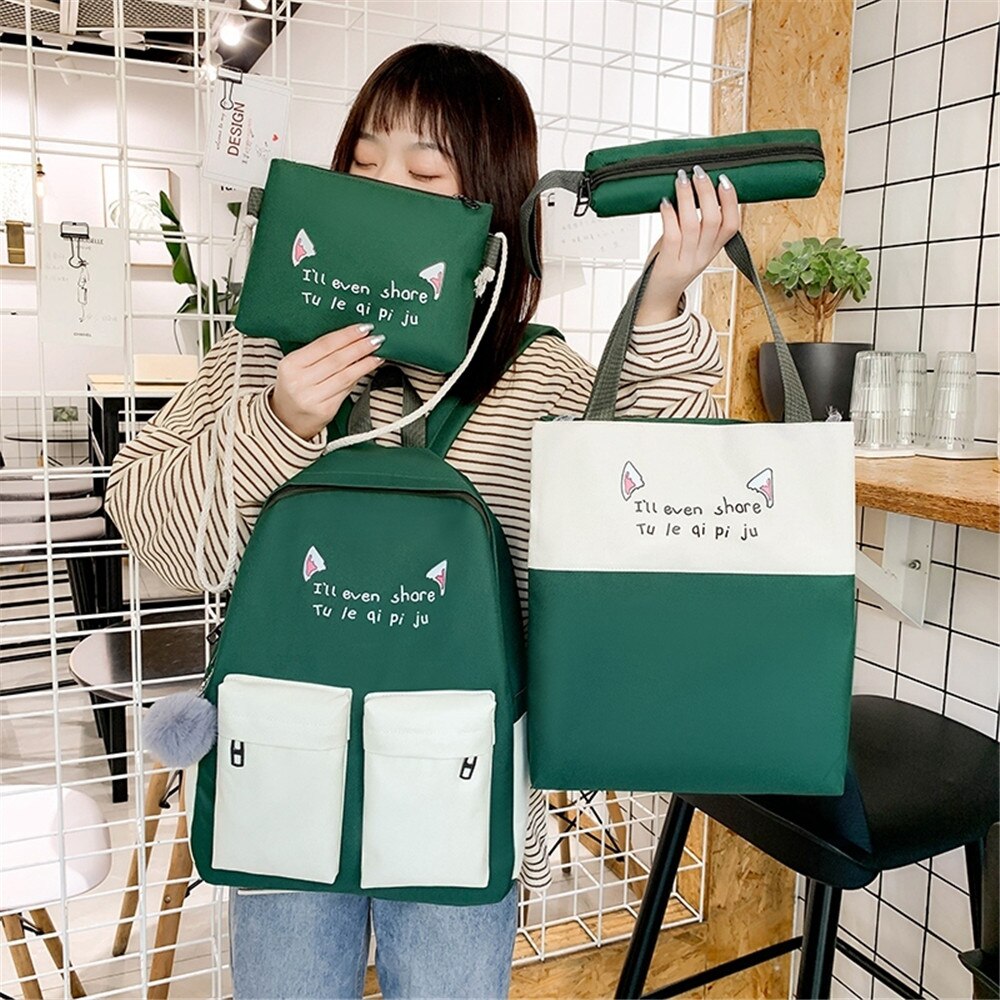 4Pcs/set Women School Backpacks canvas Schoolbag For Teenagers Girls Student Book Bag Boys Mochilas patchwork Backpacks: green