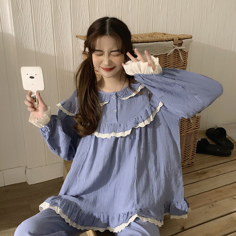 autumn winter cute cotton linen pajama set women home suit sleepwear long sleeve lacework pyjama pants trouser outwear 2pcs L337