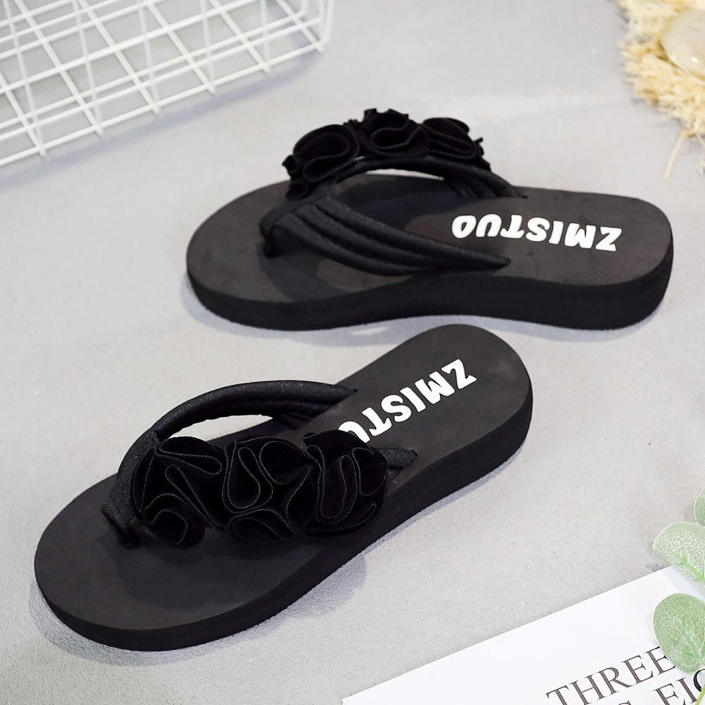 30^sandals Summer shoes woman Flower Clip Toe Flip Flops Non-Slip Wedges Beach Slippersкроссовки женские: Black / 38