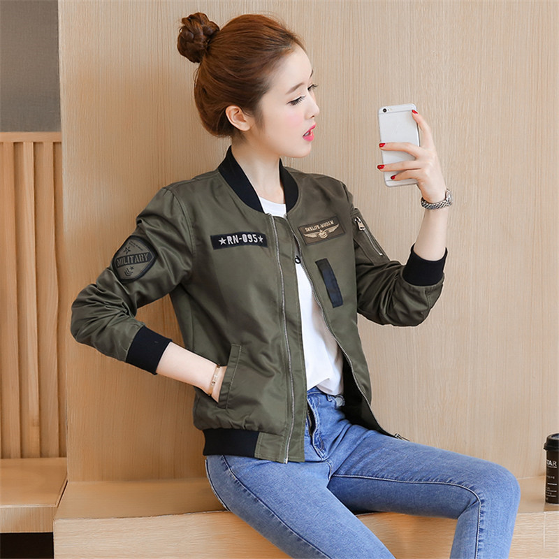 Lente Vrouwen Zwart En Legergroen Mode Korte Toevallige Jas Vrouwelijke Losse Lange Mouwen Baseball Jacket Coat LZ191: army green / M