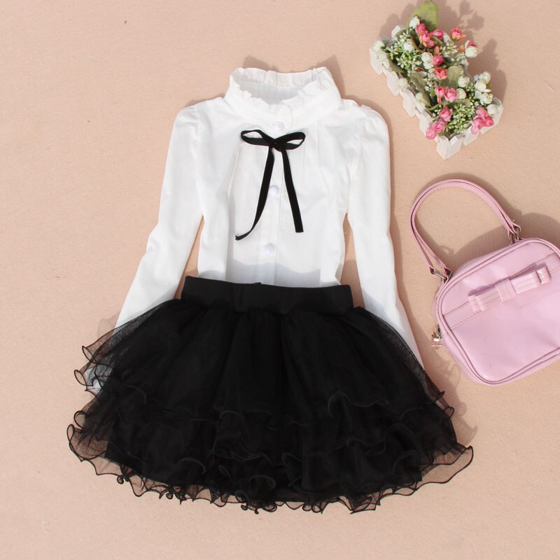 2-15 jaar katoenen witte blouses voor kinderen meisjes casual kinderen strik shirts lente herfst tienermeisjes lange mouwen tops