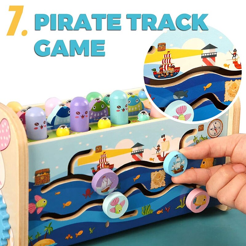 Lernspielzeug aus holz mit hammerfunktion, angelspiel, xylophon, beweglichen zahnrädern und uhr zur förderung der feinmotorik