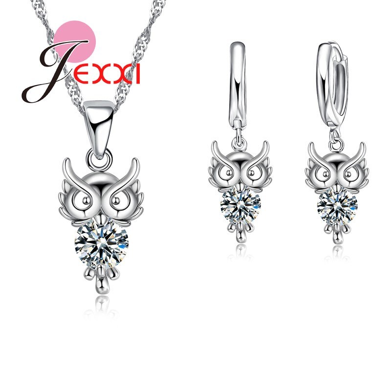 Cute Lovely Owl Cubic Zircon Crystal 925 Sterling Silver Pendant Necklaces Earrings Jewelry Set For Girls Party