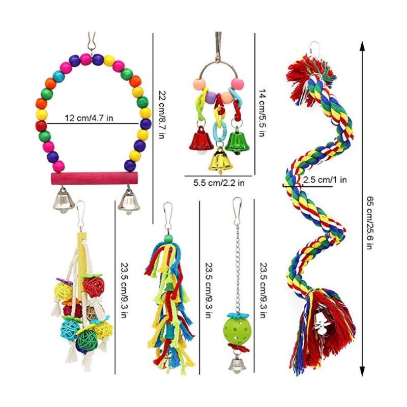 6 unids/set juguetes de columpio para pájaros y mascotas, juguetes de loros para masticar, Perches colgantes, campanas, pequeños periquitos, jaula para loros, morder, cuerda de escalada, juguete N1HA