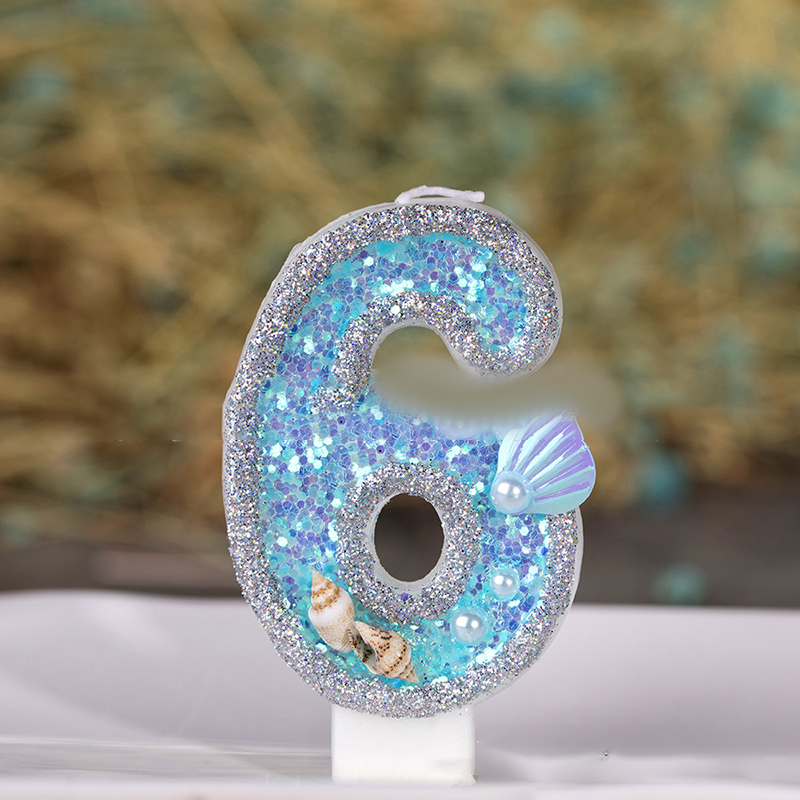 1PC Blue sea shell Glitter Number Birthday Candles Cake Topper Birthday Wedding Digital Cakes Dessert Decor Birthday Decoration: 6