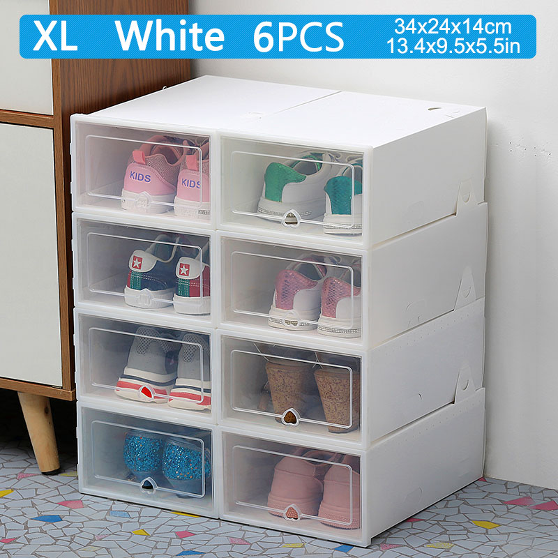 6pcs transparent shoe box thickened transparent dustproof shoe storage box can stacked combination shoe cabinet shoe organizer: 34X24X14cm   WHITE6