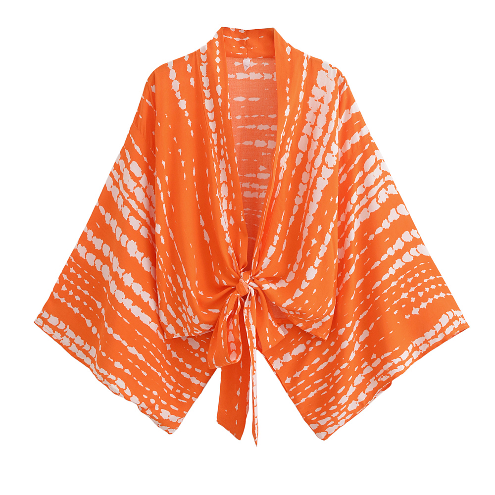 Boho Queens Women Short Robe Kimono Swimsuits Floral Batwing Sleeves Rayon Bohemian Bikini Cover Ups Beachwear: S / Orange