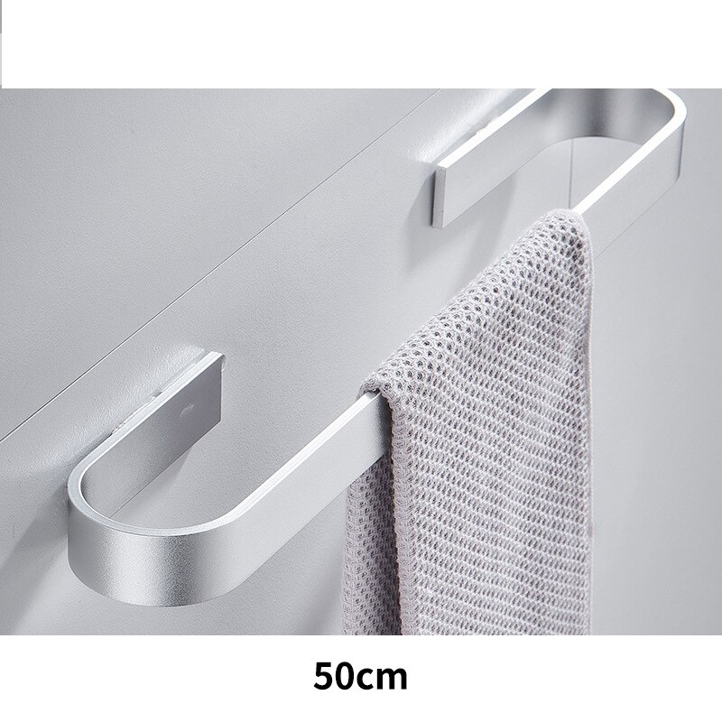 Solid plads aluminium sort håndklædestang enkelt håndklædestativ badeværelse mat sort vægmonteret håndklædeholder 30/40/50/60 cm: Sølv -50cm