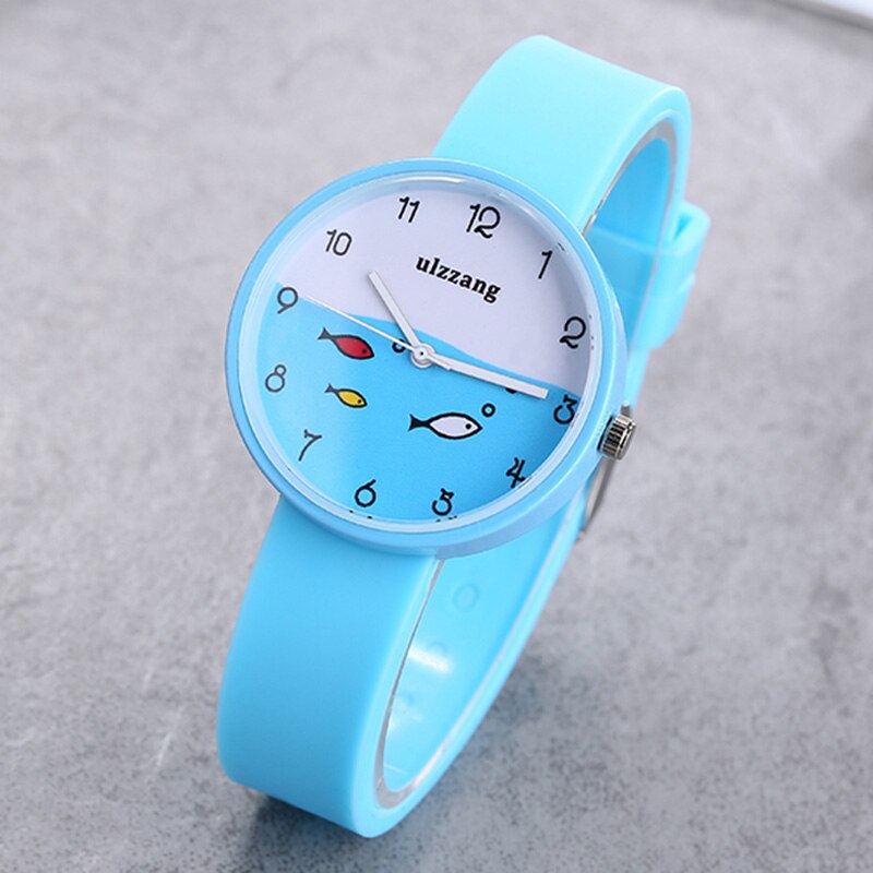 Luxury children's watch girl color silicone strap quartz watch small fish dial cartoon children's watch: Blue