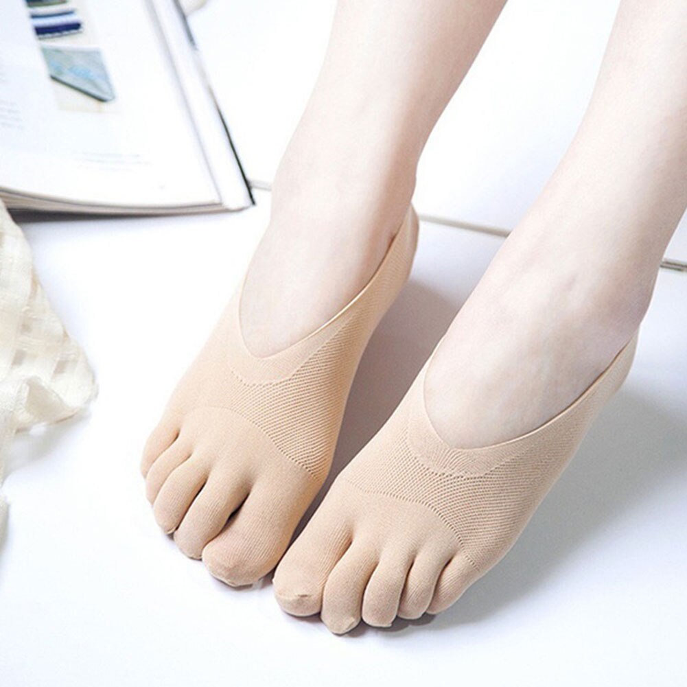 Kvinder usynlige lave strømper blonder skridsikre ensfarvet dame separat tå ankel nylon femfinger sokker kvinde
