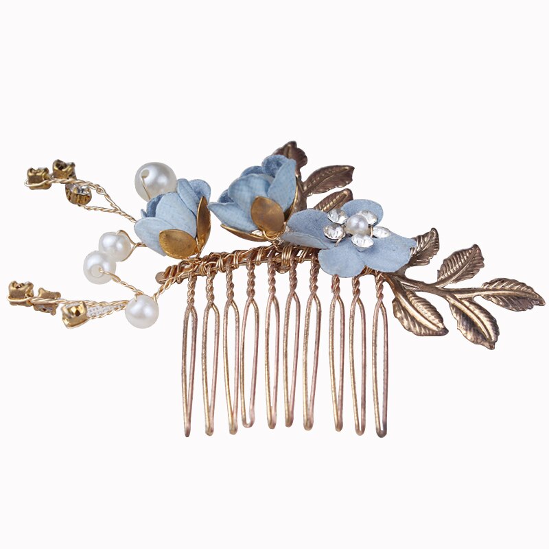 Perle Del Fiore di Cerimonia Nuziale Dei Capelli Pettini Accessori Per Capelli Oro Foglie di Spilli Sposa Damigella D'onore Capelli Ornamenti Dei Capelli Dei Monili Dei Capelli Hairwear: blue 2