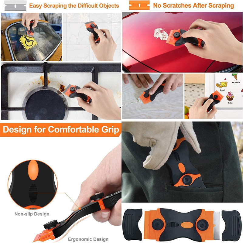 Raspador de lâmina de barbear, raspador de vidro de dois gumes com lâminas de plástico de metal, raspador multiuso para remover decalques adesivos