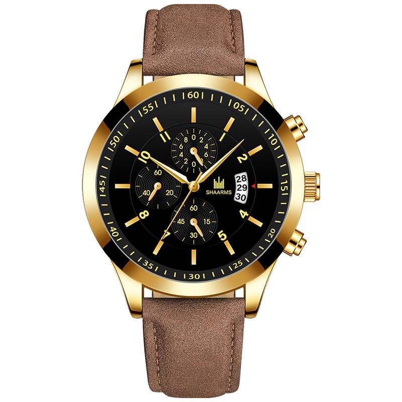 Shaarms herenhorloge met zwarte leren band, quartz polshorloge, sporthorloge voor heren, relogio masculino, reloj hombre: D