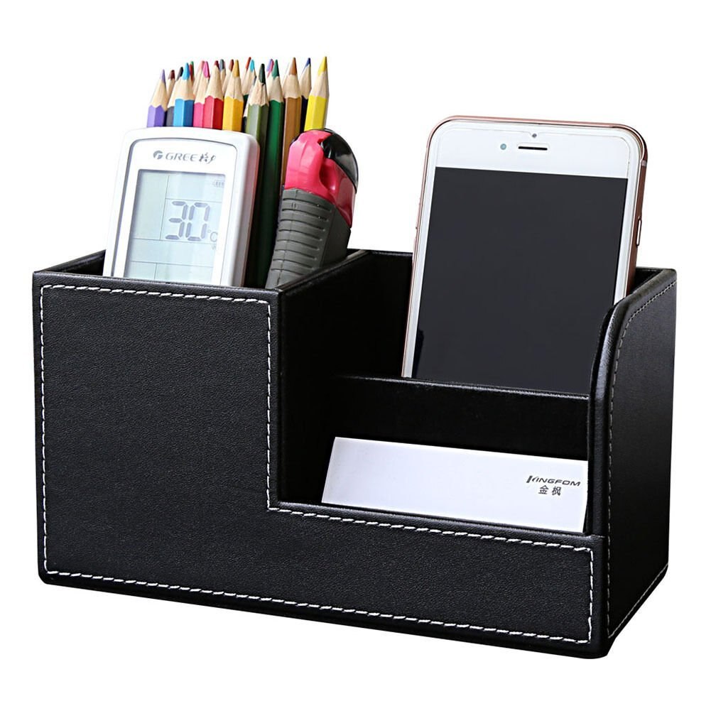 PU Leather Desk Stationery Box Organizer, Office Desktop Organizer with 3 Divided Storage Compartments for Storing Pen/ Remote