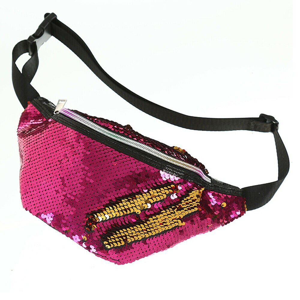 Womens Reversible Mermaid Sequins Glitter Waist Bum Bag Pack Pouch Satchel: Rose Red