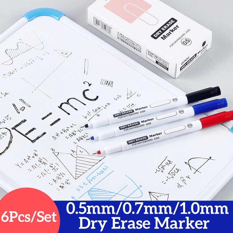 6 Stuks Fijne Tip Droog Wissen Markers Set 0.5/0.7/1.0mm Dunne Whiteboard Pennen Zwart Blauw Rood uitwisbare Markers voor Onderwijs Kantoor