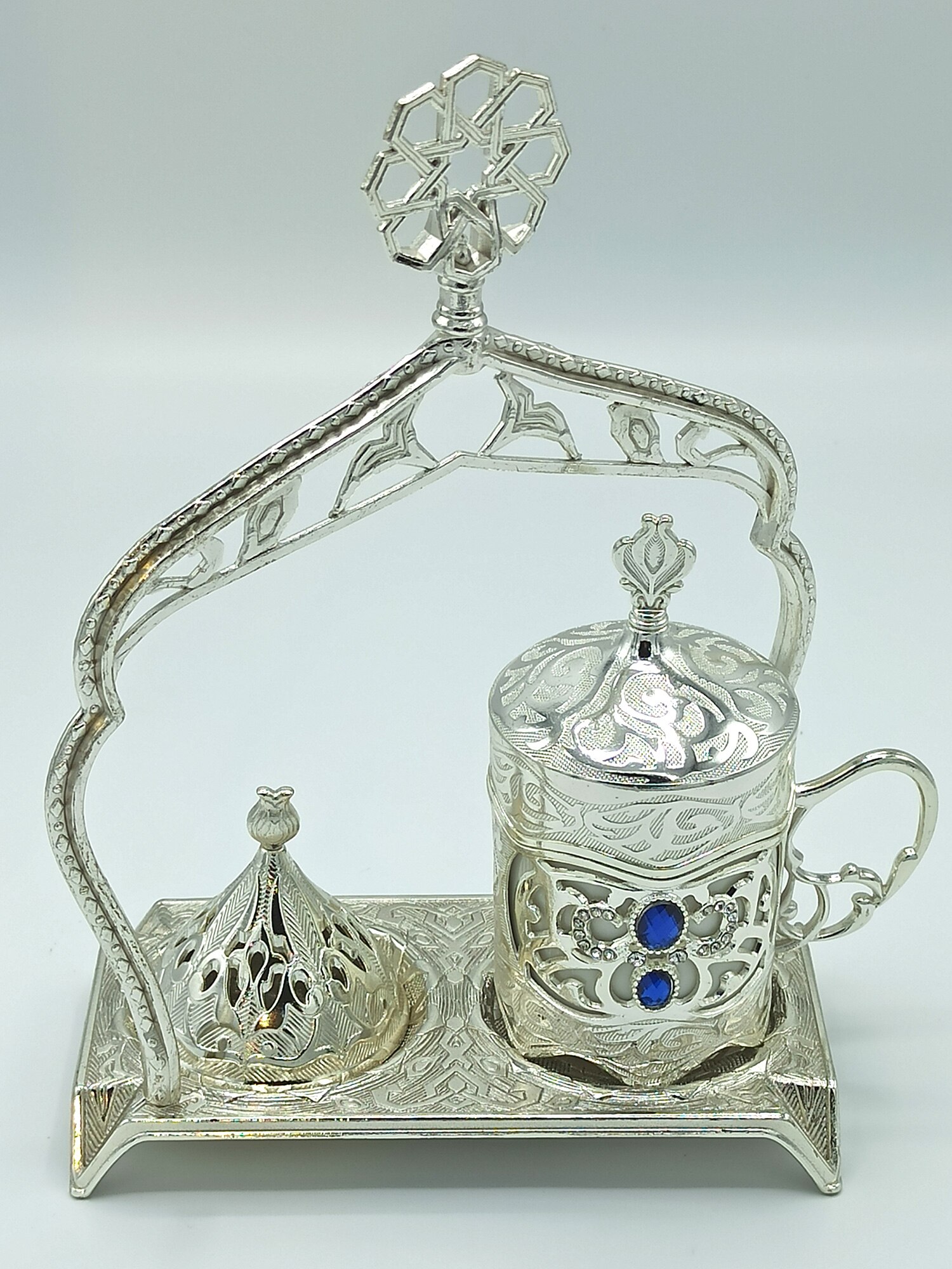 Steen Koffie Set Koffie Cup Met Lade Water Glazen Suikerpot Optionele Poef Grandbazaar Anatolian: Silver with Bowl