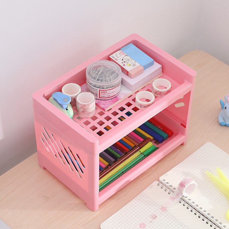 Bureaublad dubbele laag plastic opberghouder cosmetische doos keuken badkamer bureau plank organizer kantoorbenodigdheden schrijfwaren: Roze