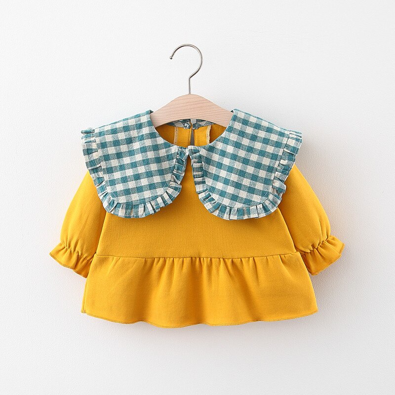 Otoño, Camiseta de algodón con cuello de solapa a cuadros de manga larga para niñas pequeñas, camisetas informales para niños