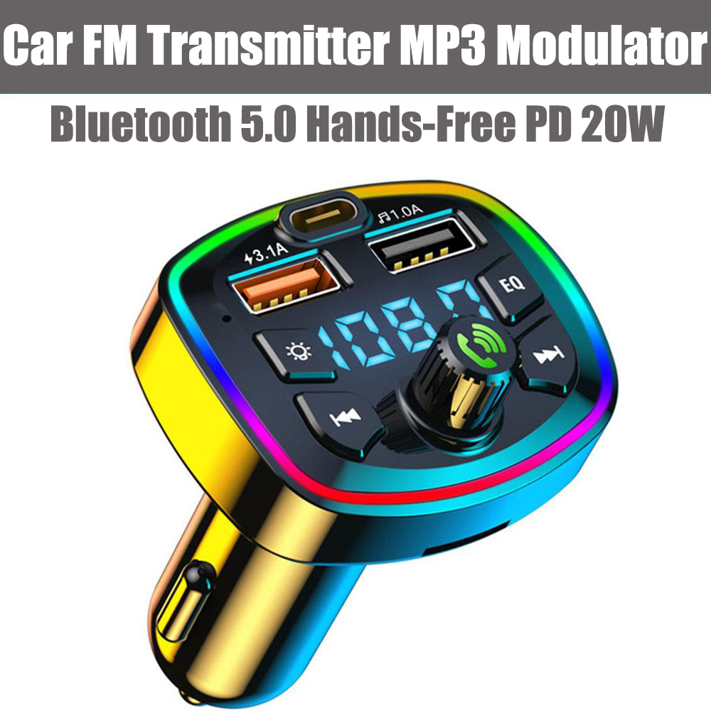 Auto Fm-Zender Bluetooth 5.0 Handsfree Pd 20W Qc3.0 Snellader Mp3 Modulator Speler Audio-Ontvanger Met Kleurrijke Lichten