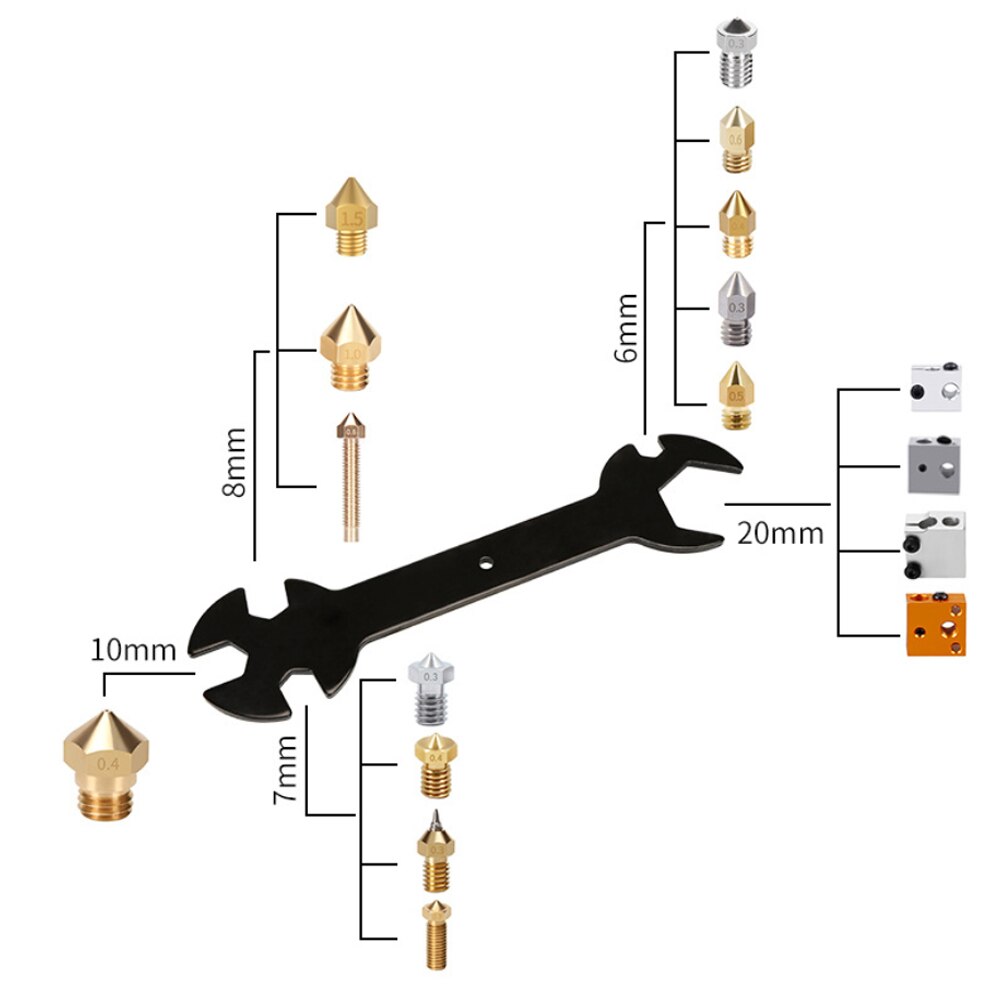 Ferramenta de chave de boca em forma de l, 2 peças, 6mm, 7mm, ferramenta de impressora 3d fixa mk8 e3d, bico de latão, 5 em 1, multi-função, acessórios