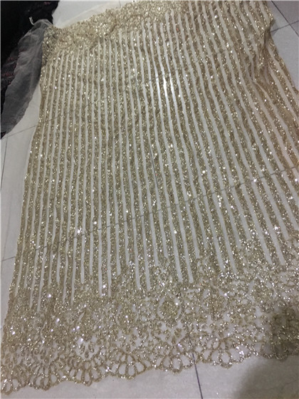 Guld farve fransk tyl blonde stof afrikanske pailletter net limet glitter stof til kvinde brudekjole bzl -95125: Guld