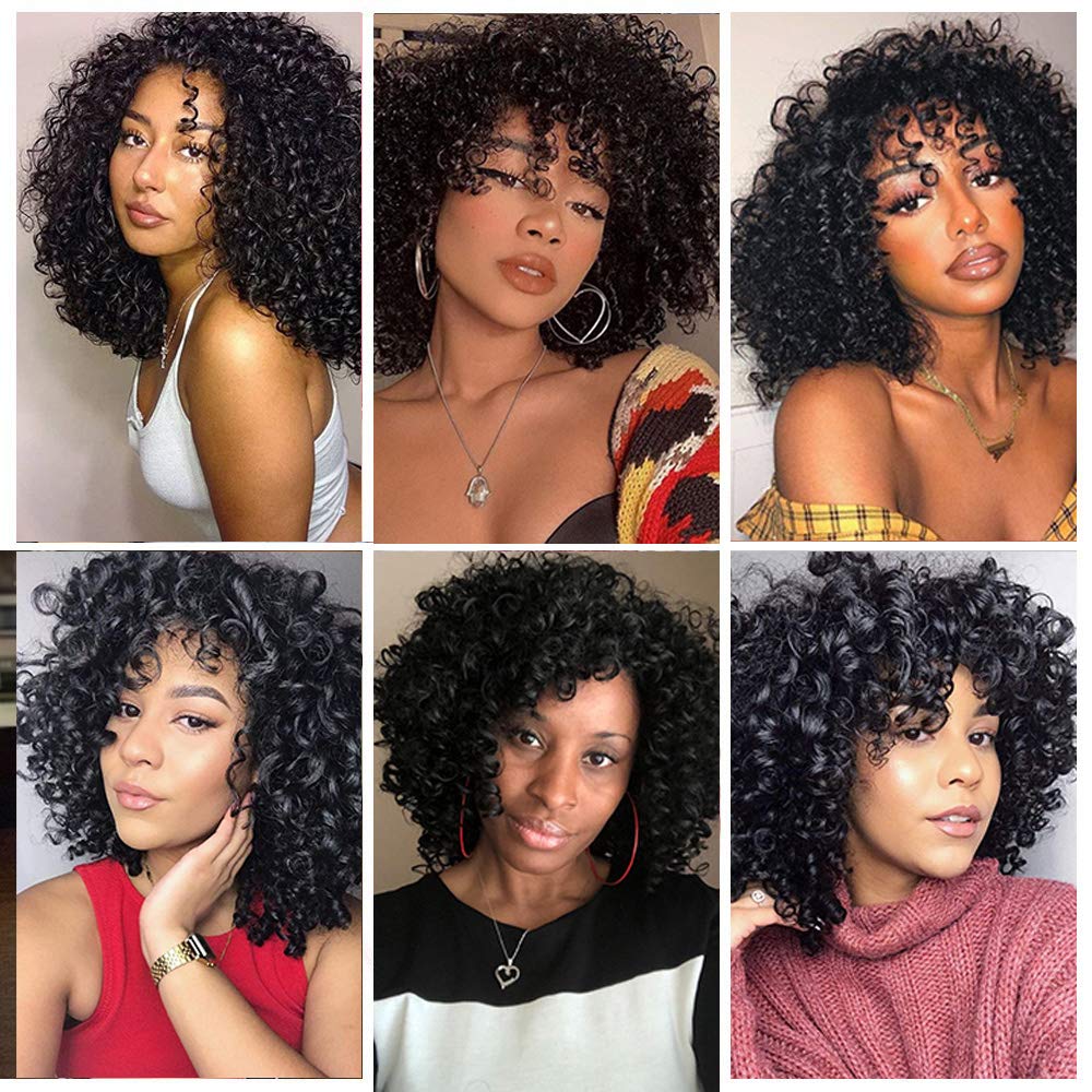 I's a wig Afro Kinky Curly Wig Short Black Synthetic Wigs with Bangs for Black Women Brown Natural Afro High Temperature Hair