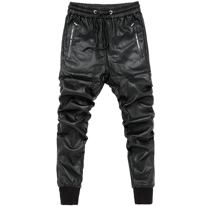 men streetwear leather pants casual slim fit washing locomotive pants mens feet Joggers