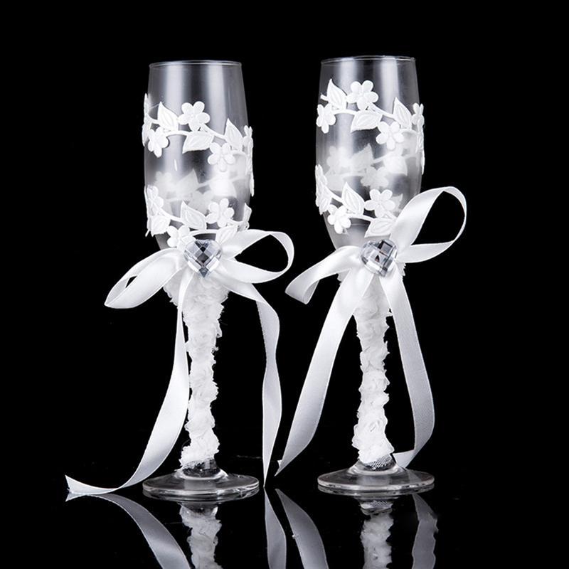 2PCS/Set Wedding Goblet Champagne Toasting Glasses White Ribbon Glasses Set for Weddings Party for Valentines Day