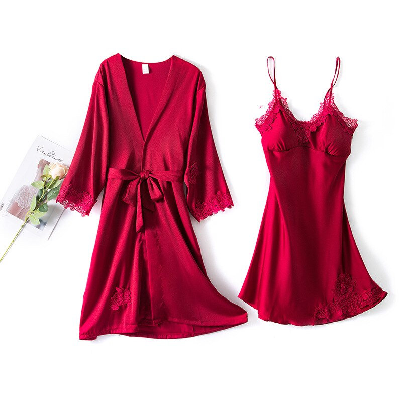 Bandage Robe Pajamas Sets Sleepwear Lace Bath Gown Women's Summer Satin Sexy With Chest Pad Dress Two-Piece Suit Night Dress: Burgundy / XL