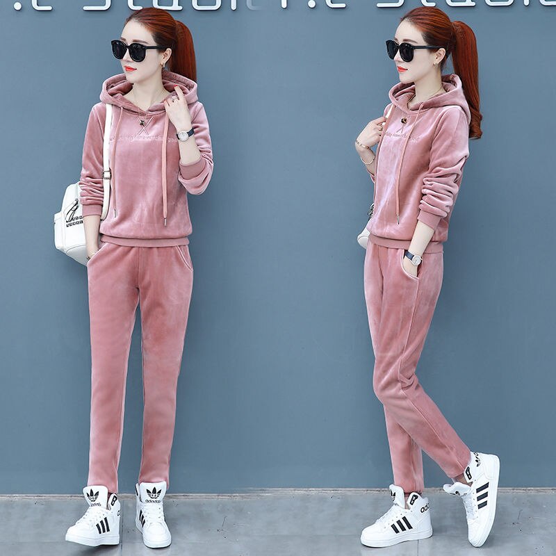 Matching Sets Autumn Plus Size Casual Loose Velvet Tracksuits 2 Pieces Set Women High Elastic Hooded Sweatshirts And Harem Pants