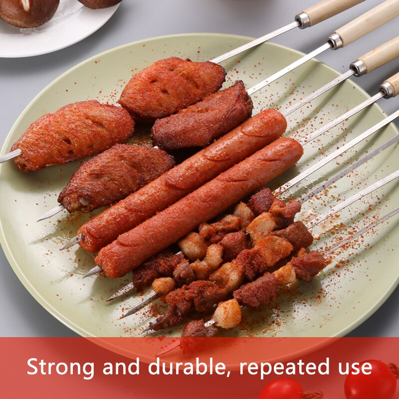 Wooden handle anti-scalding barbecue skewers can be reused 304 stainless steel metal barbecue skewers wide skewers