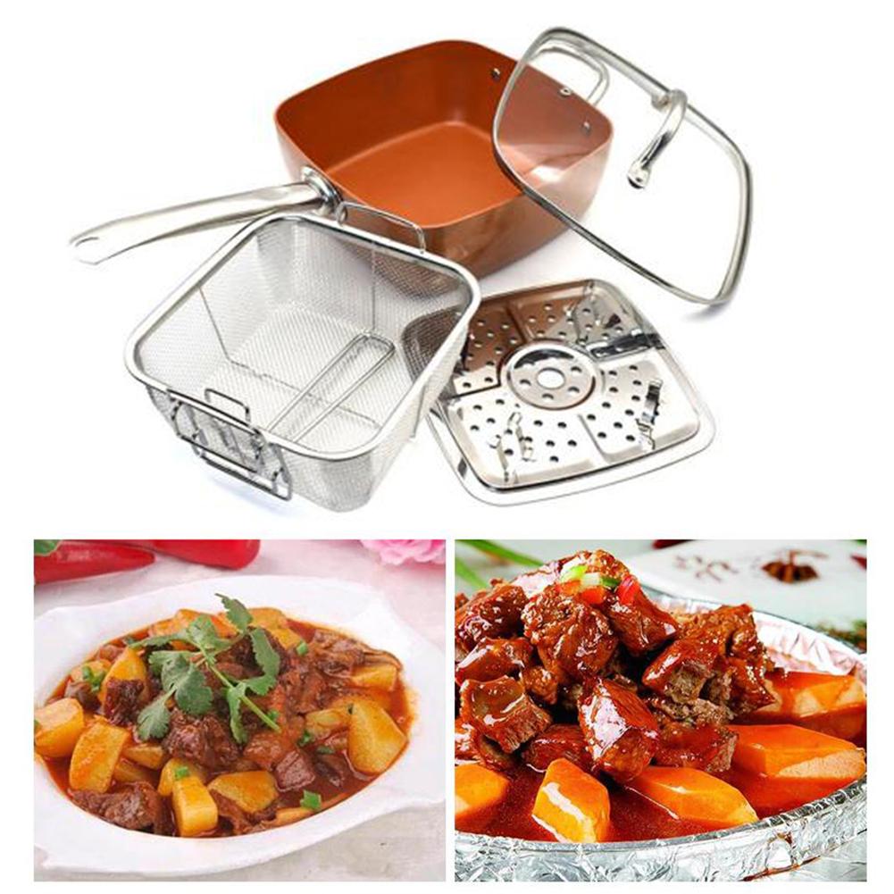 Cuivre rouge Carré Pot antiadhésif Poêle À Frire En Céramique Avec Couvercle Vapeur Marmite Cuisine Cuisson Cuisson Ustensiles De Cuisine